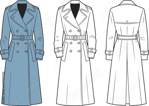 Cad drawing flat vector illustration of women's belted trench coat, fashion technical sketch, front and back view, double-breasted outerwear, stylish clothing template design.