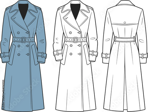 Cad drawing flat vector illustration of women's double-breasted trench coat, fashion technical sketch, belted coat design, front and back view, outerwear garment template.
