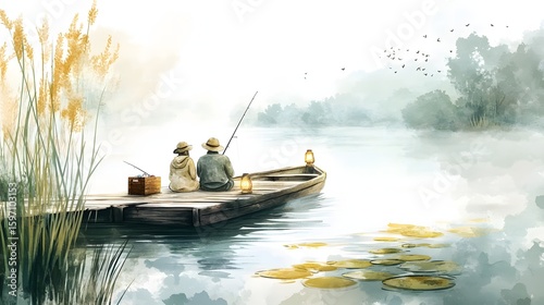 Couple enjoys peaceful fishing trip together on a tranquil lake at dawn