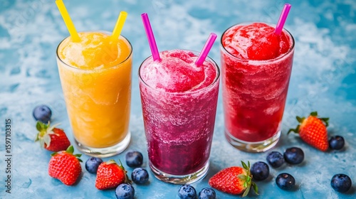 Three refreshing fruit smoothies with fresh berries and straws