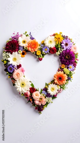 Heart-shaped floral wreath on light background