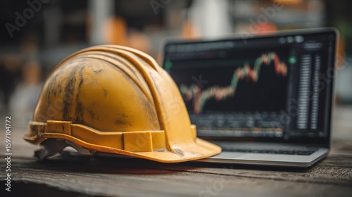 A worn yellow construction helmet rests on a table beside a laptop displaying colorful financial charts.