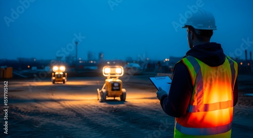 Contractor Conducting a Nighttime Safety Inspection of Construction Site Lighting.