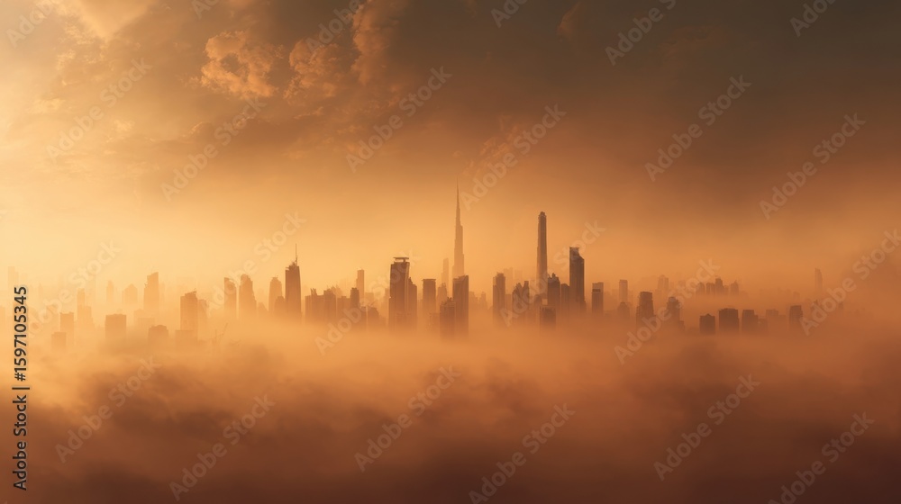 A futuristic city skyline emerges through dense fog and warm golden light, showcasing tall skyscrapers amid a dreamy, atmospheric haze. A futuristic city skyline emerges through dense fog and warm golden light, showcasing tall skyscrapers amid a dreamy, atmospheric haze.