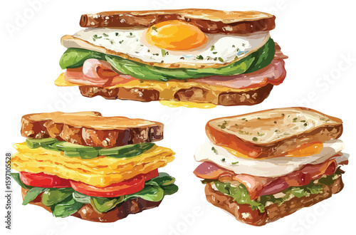 Breakfast sandwiches collection watercolor illustration, isolated