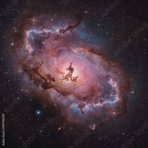 A vibrant, swirling nebula ablaze with iridescent hues of pink, purple, blue, and gold, radiating an ethereal glow, as if celestial matter is coalescing to form new stars.