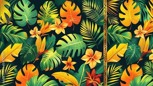 Jungle leaves and foliage are arranged as decorative side borders for the banner, featuring bright colors in shades of yellow, orange, and green with golden highlights.