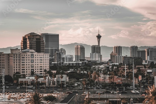 Photography Panoramic view of Las Vegas skyline at sunset
