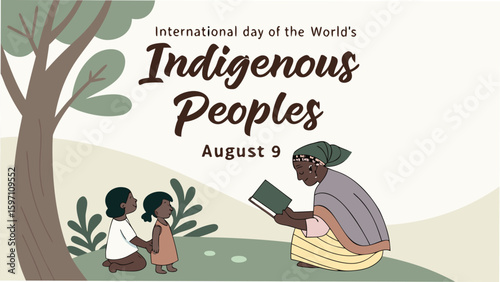 an educational vector for august 9 event, showing elder teaching kids under a tree to represent indigenous wisdom, culture, and intergenerational learning.