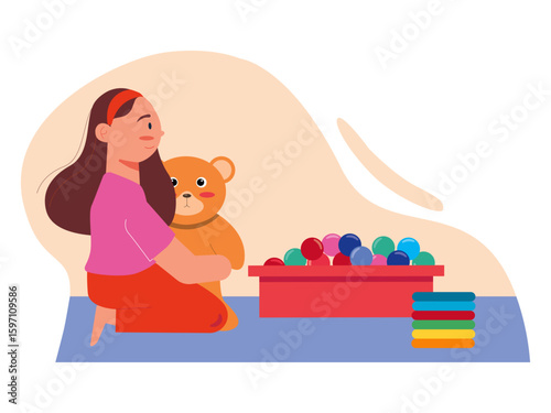 Little girl playing dolls and mini bouncy ball in the house. Kids playground vector illustration. Flat illustration concept.