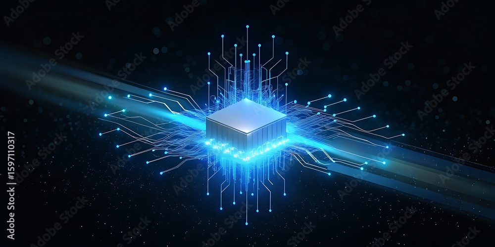 Obraz premium Futuristic glowing blue cpu processor with intricate circuits and data streams in a dark environment.