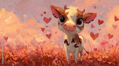Cartoon Cow with Hearts in a Field, Painting Style, Valentine's Day Theme