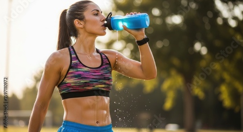 A woman in a colorful sports bra and blue shorts drinking water from a blue water bottle in a park.