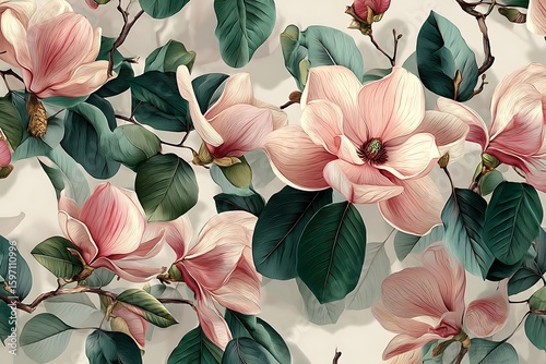 Elegant magnolia blossoms and foliage in a soft, romantic floral arrangement