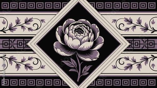 Elegant floral design with peony, leaves, and decorative borders creates a sophisticated and timeless pattern, perfect for textiles, wallpaper, or decorative accents.