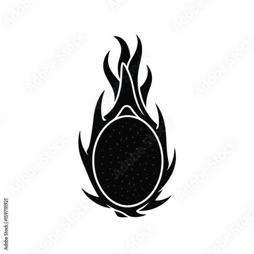 Monochrome illustration of a dragon fruit, displaying its unique rind and speckled flesh, ideal for designs related to tropical fruits, healthy eating, and exotic food themes