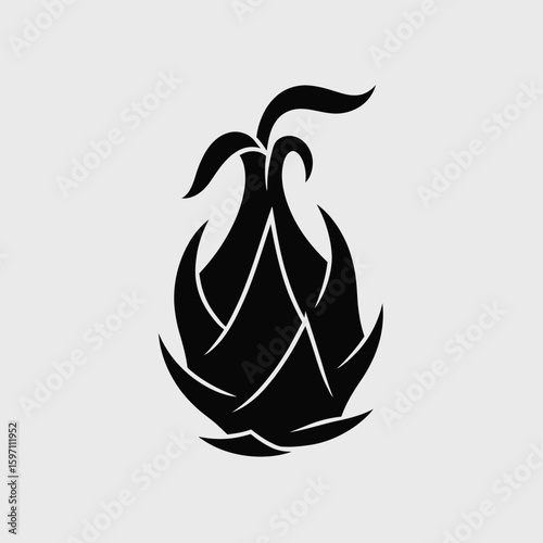 Stylized dragon fruit illustration in black, showcasing tropical fruit design and exotic food concept, suitable for culinary themes and healthy eating promotions