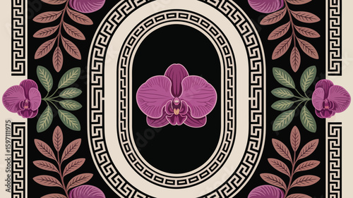 Elegant Floral and Greek Key Pattern with Purple Orchids, Ideal for Textiles or Wallpaper, Evoking Sophistication and Classic Style, Seamless Design for Repeatable Use