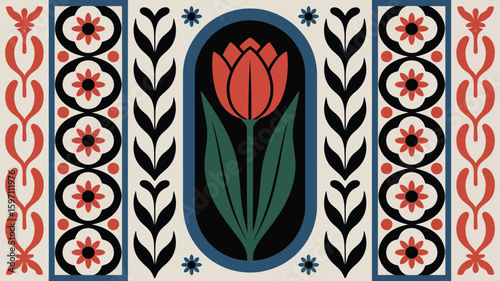 Geometric floral pattern featuring a bold red tulip in a black framed oval, accompanied by stylized flowers and leaves, evoking a Scandinavian or folk art aesthetic