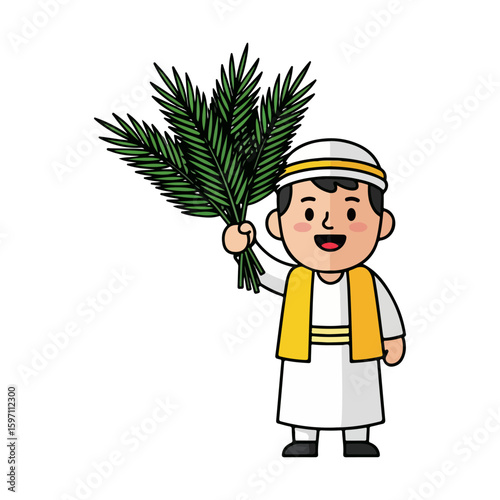 Cartoon character holding palm leaves, Palm Sunday theme. Vector flat design cartoon. AI generated images.	