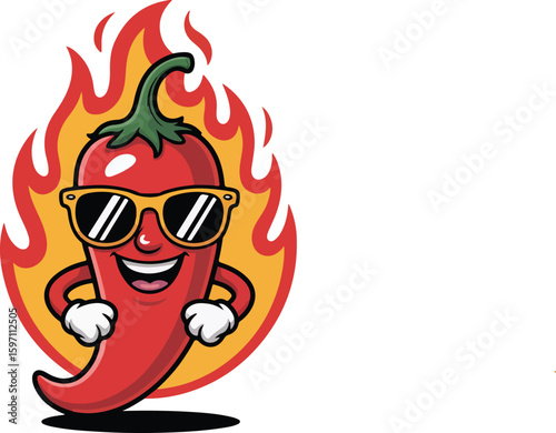 A red hot chili pepper with sunglasses inside of fire, smiling and happy Transparent png vector
