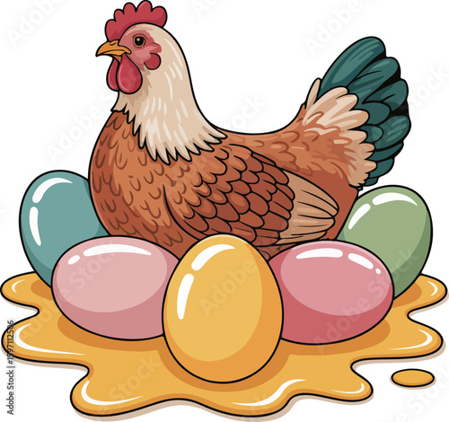 A hen sitting peacefully on a nest filled with colorful eggs Transparent png vector