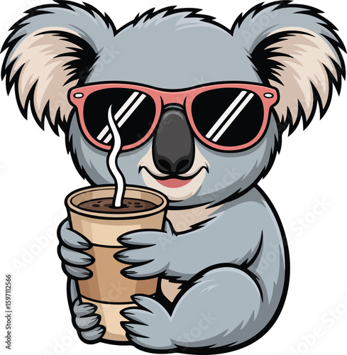 A cool koala with sunglasses holding a cup of coffee, Transparent png vector