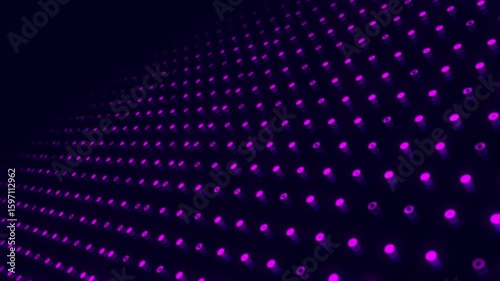 Purple pink glowing dots grid pattern dynamically expanding and pulsing across dark video background, creating vibrant digital motion for modern visual, futuristic, technology, animation design