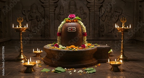 Ancient Shiva Lingam in temple with Floral Offerings, made by Ai