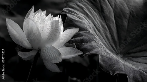 Lotus blossom with large leaf, monochrome botanical