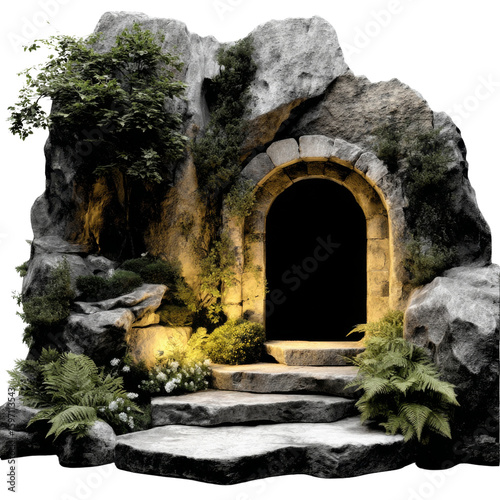 Mystical cave entrance enchanted forest digital art natural environment wide angle adventure theme