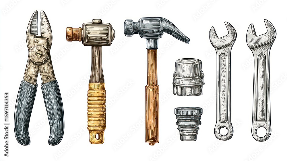 Fototapeta premium Vintage tools lined up, includes pliers, hammers, and wrenches, stylized and hand drawn