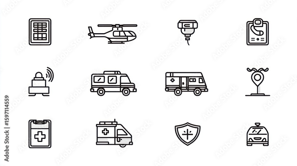 Fototapeta premium Black outline icons depict emergency services, vehicles, and communication tools on white