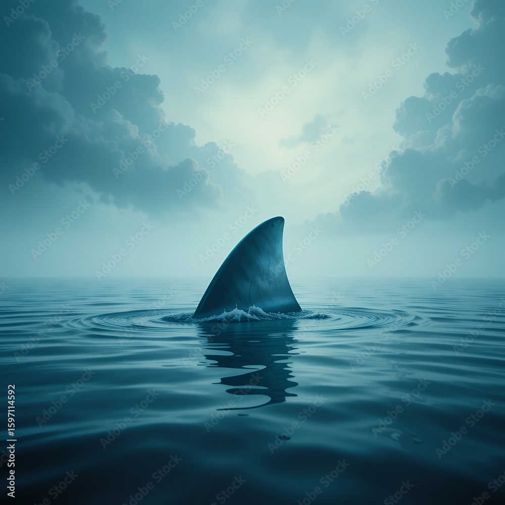 Fototapeta premium Mysterious single shark fin breaking calm ocean surface under cloudy sky at dusk