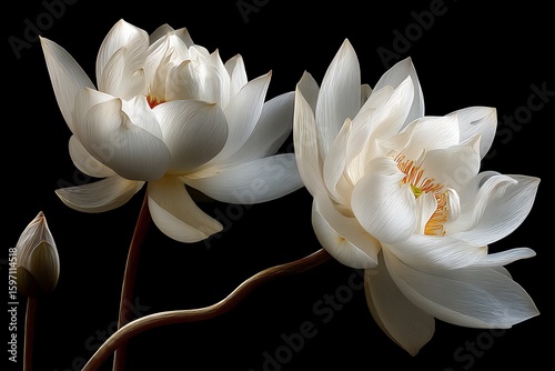 Two White Lotus Flowers with Bud on Black Background
