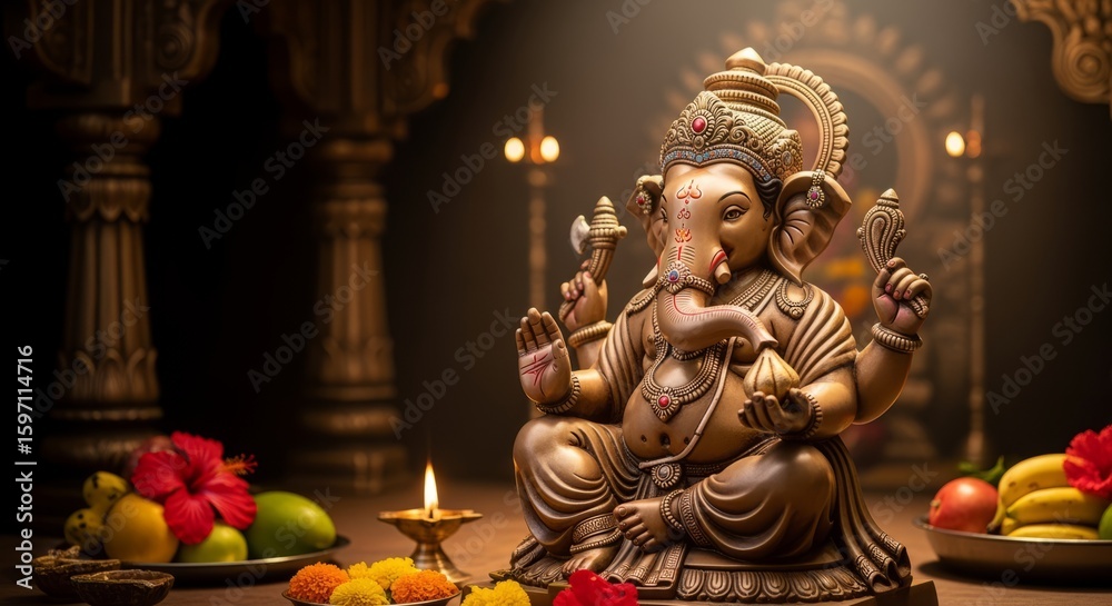 Fototapeta premium Bronze Hindu Deity Statue Offering Blessing with Fruits and Flowers