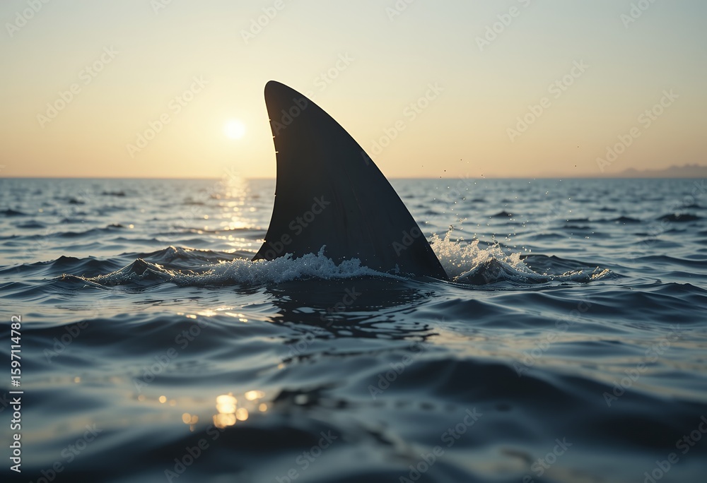 Naklejka premium Silhouette of a large dorsal fin breaking the ocean surface during a calm sunset at sea