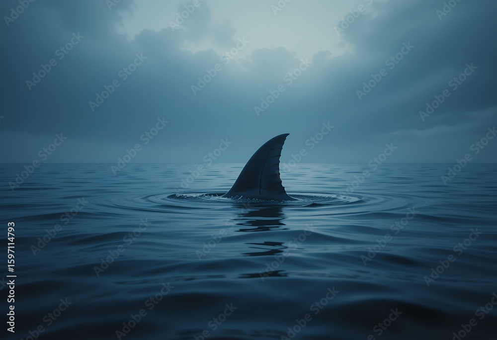 Naklejka premium Dark moody ocean scene with a solitary shark fin breaking calm water surface at dusk