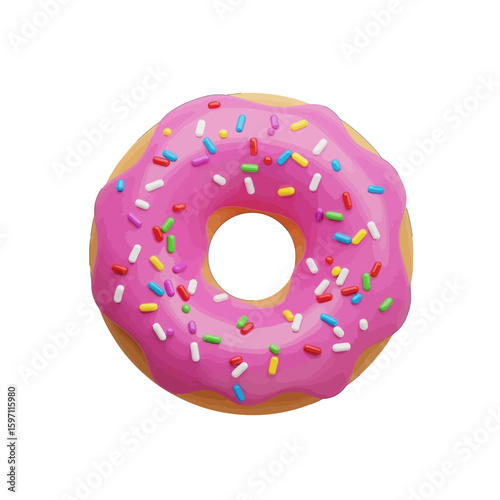 A vibrant pink glazed donut with colorful sprinkles, isolated on a white background.