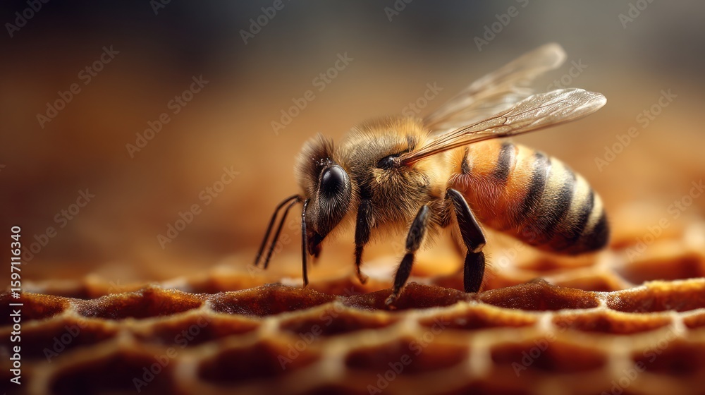 Naklejka premium A honeybee rests atop a golden honeycomb cell, close-up view with soft light