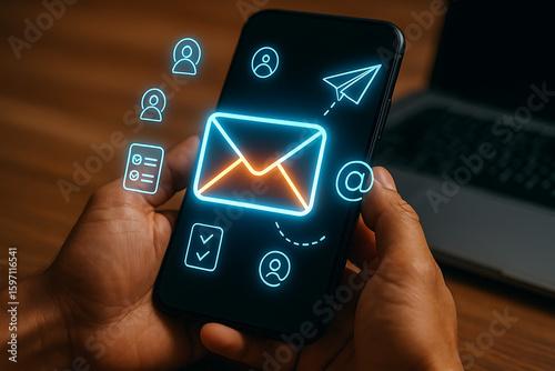 Mobile email marketing interface showing envelope icon with contact details checklist and user profile for business communication and digital outreach strategy engagement