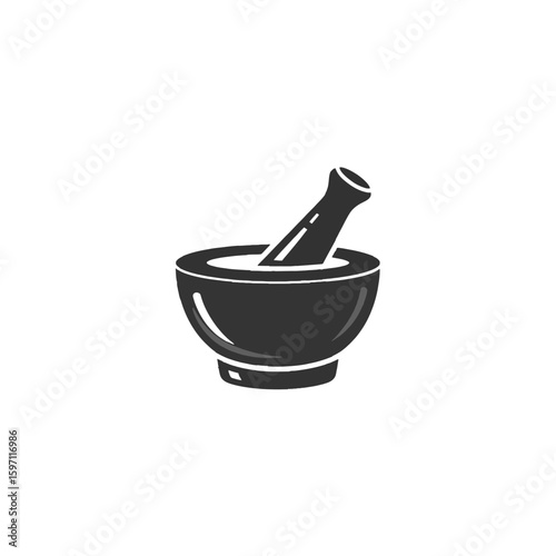 Simple black and white illustration of a mortar and pestle.