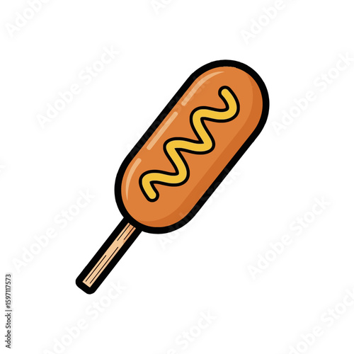 Cartoon illustration of a corn dog with mustard on a wooden stick.