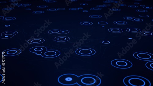 Futuristic blue abstract tech background with glowing digital circles and topographic contour lines. Bright round elements animation for science fiction, modern art and music performance. 4K 60fps