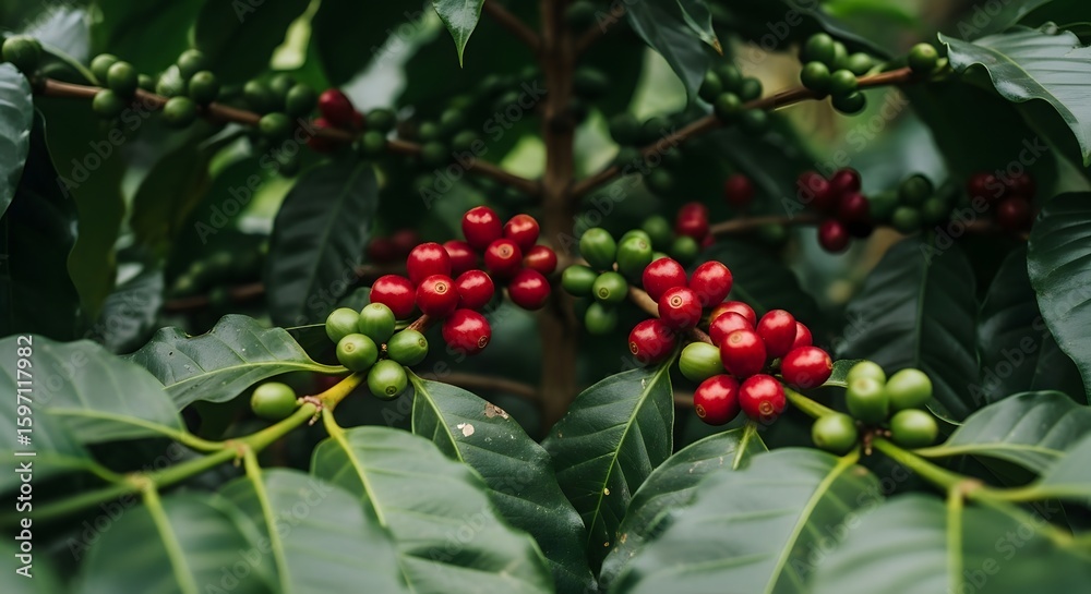 Obraz premium Vibrant Coffee Cherries Ripening on Lush Green Plant