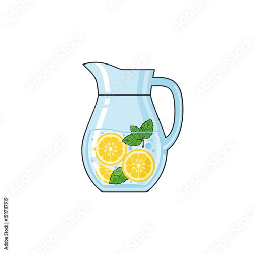 A transparent pitcher filled with refreshing water, lemon slices, and mint leaves.