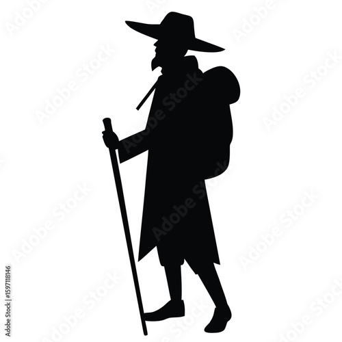 Black silhouette traveler with staff and backpack person