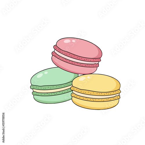 Three colorful macarons stacked together on a white background, dessert treats.