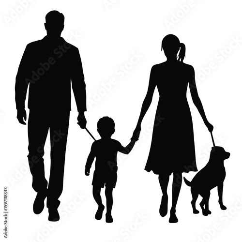 Family walking with dog silhouette people