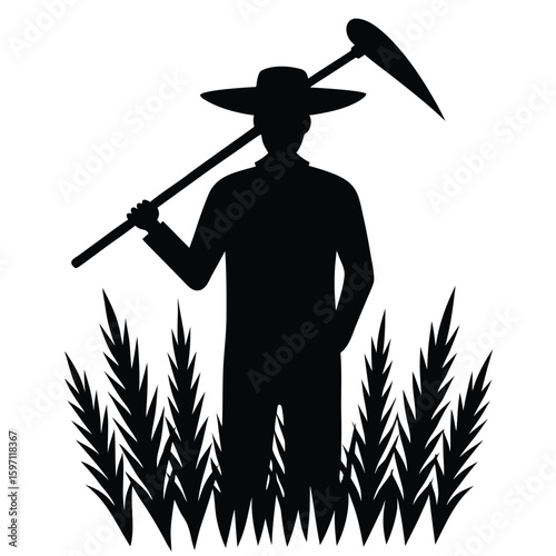 Farmer holding scythe in field agriculture harvest